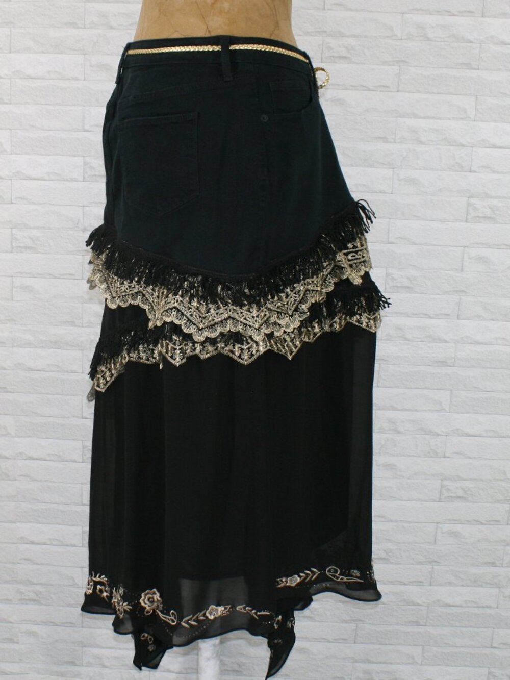 HAND CRAFTED Skirt Denim Maxi Upcycled Lace Floral Fringe Black Gold  12 - Picture 5 of 16